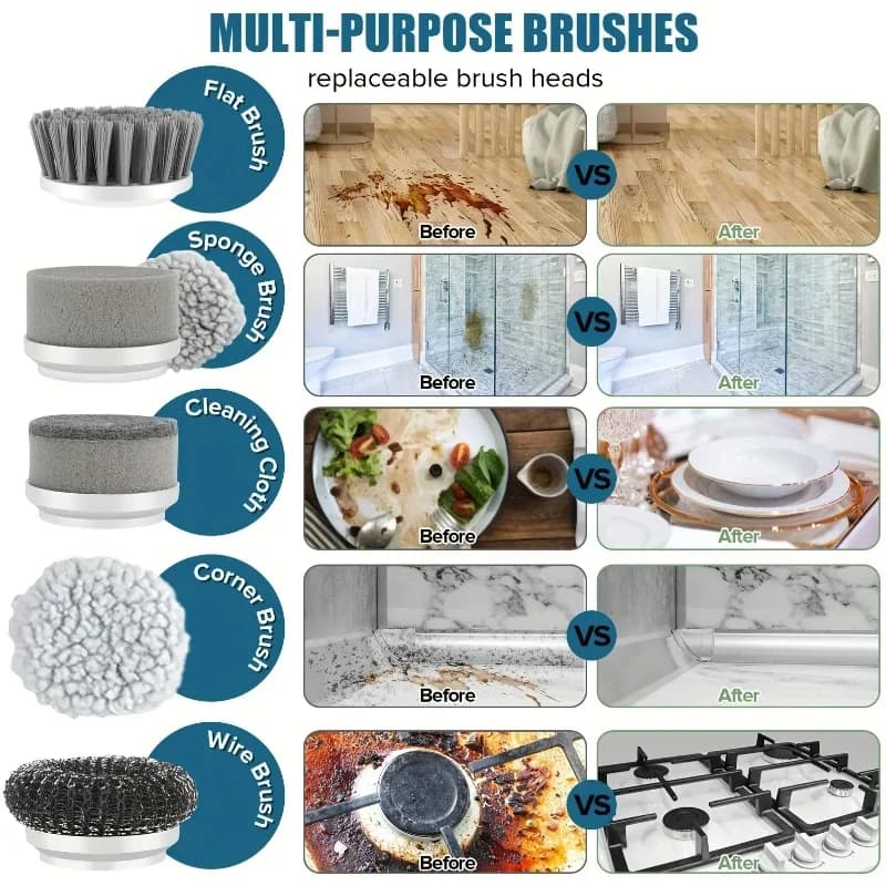 Bezprzewodowa elektryczna szczotka z 5 wymiennymi głowicami czyszczącymi do zmywania naczyń, sprzątania kuchni, łazienki