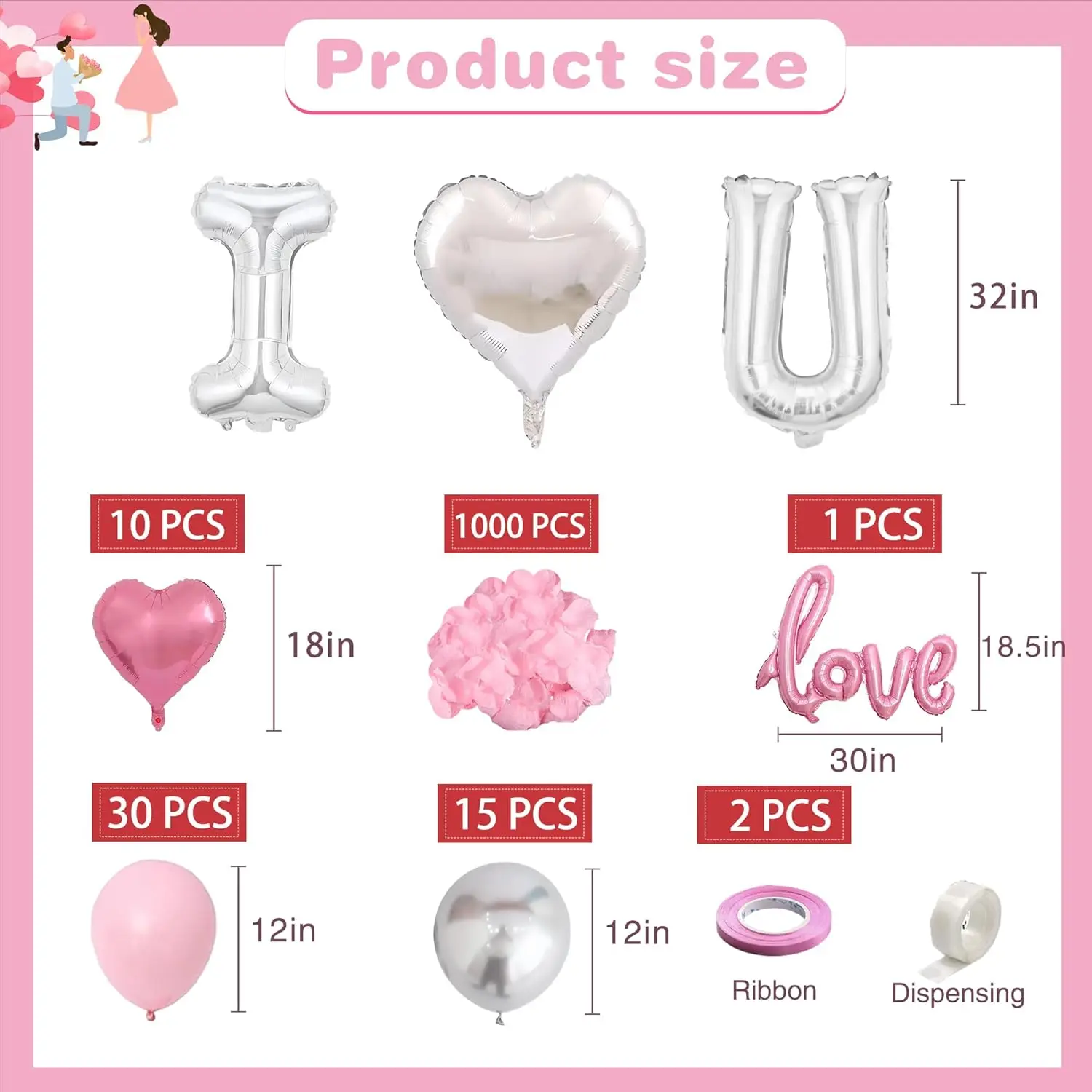 32in I Love You Foil  Heart  Balloons set,1000pcs Rose Petals for Anniversary Valentine's Day Proposals Romantic Decoration