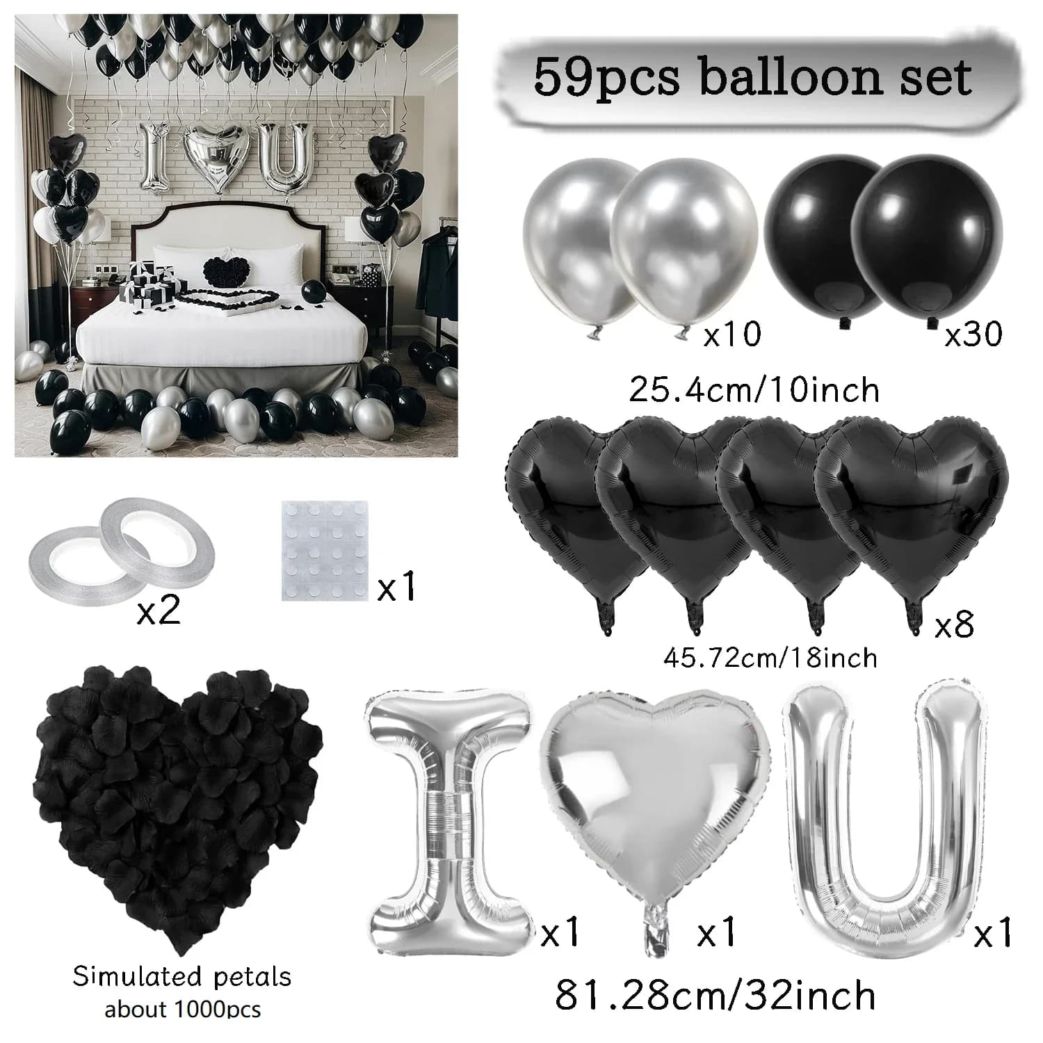 32in I Love You Foil  Heart  Balloons set,1000pcs Rose Petals for Anniversary Valentine's Day Proposals Romantic Decoration